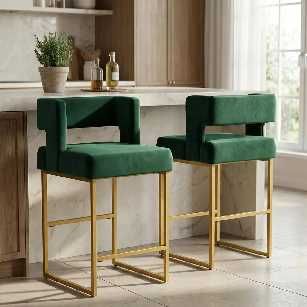 Home Bar And Counter - 2'li Set Yeşil Kadife Bar Tabureleri,
