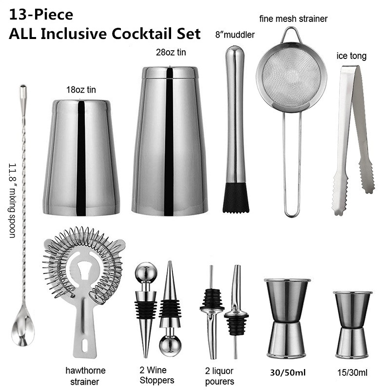 Boston Shaker Set - 13 adet/takım paslanmaz çelik kokteyl çalkalayıcı